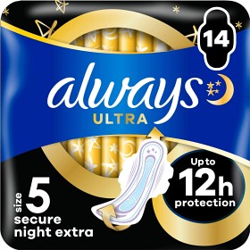 Bild på Always Ultra sanitetsbindor Secure Night Extra (storlek 5) vingar 14 st