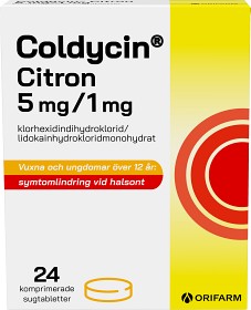 Bild på Coldycin Citron 5 mg/1 mg, 24 sugtabletter